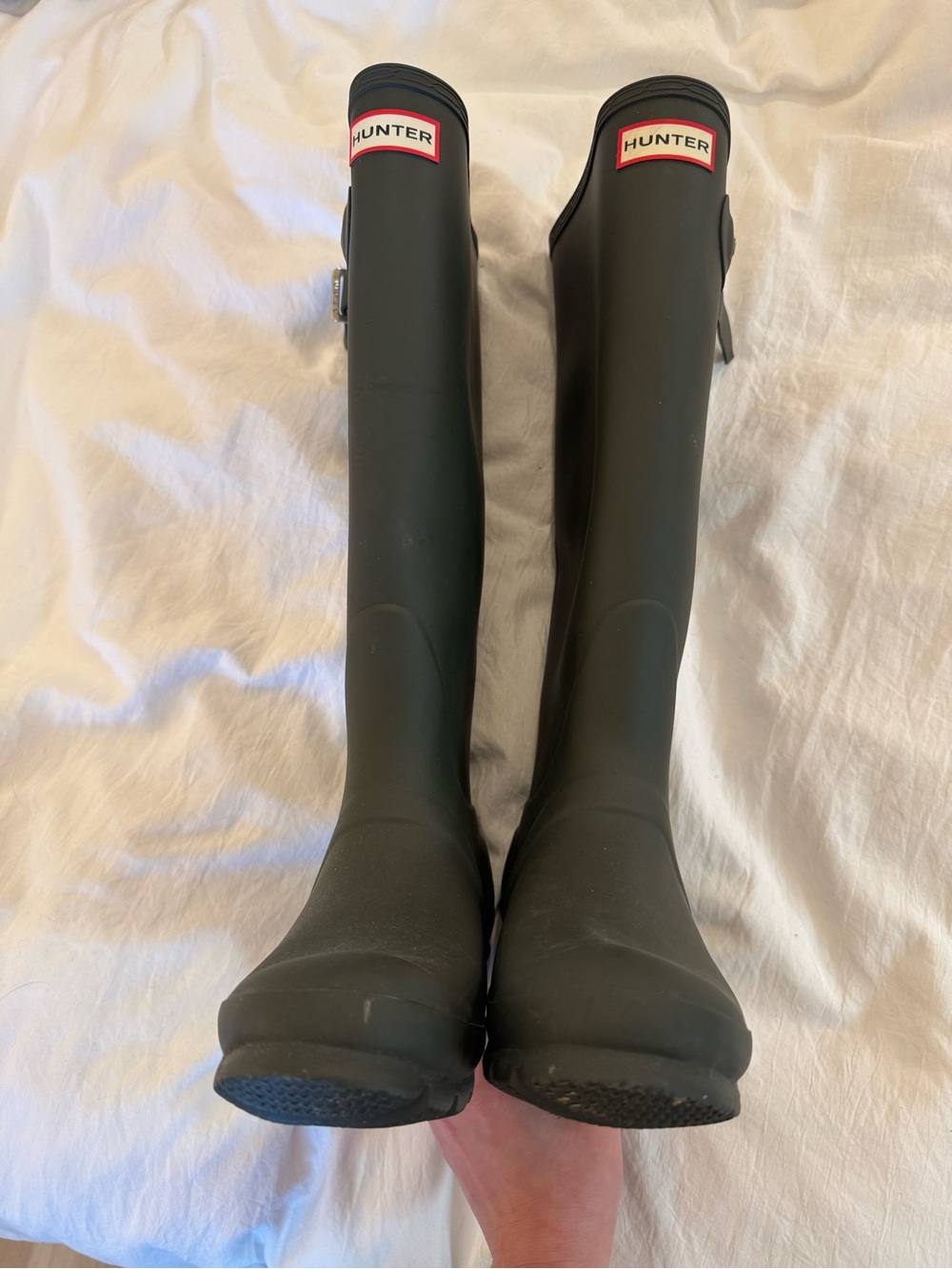 Hunter Tall Rain Boots in Olive Green with Red Logo